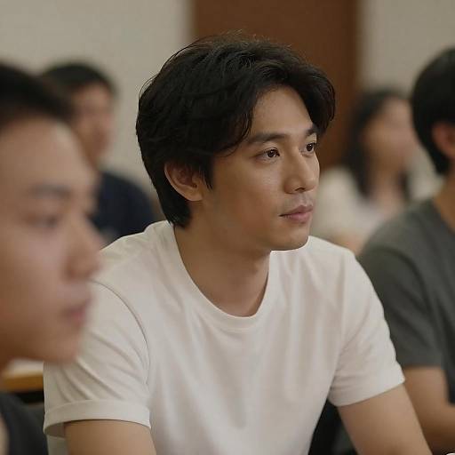 Young Man in White T-Shirt Sitting Indoors