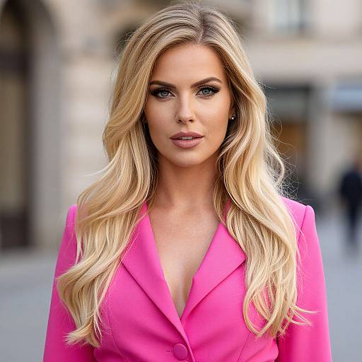 Photograph of a blonde, fair-skinned woman with wavy hair, wearing a bright pink blazer, standing in a blurred urban background.
