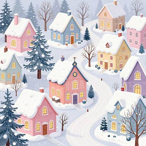 Colorful, snowy village illustration: Pastel houses with glowing windows, snow-covered roofs, pine trees, and leafless trees, set against a winter