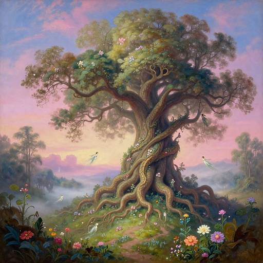 Whimsical digital painting of a towering, twisted tree with roots winding through vibrant flowers, surrounded by colorful birds, a pastel sunset sky, and
