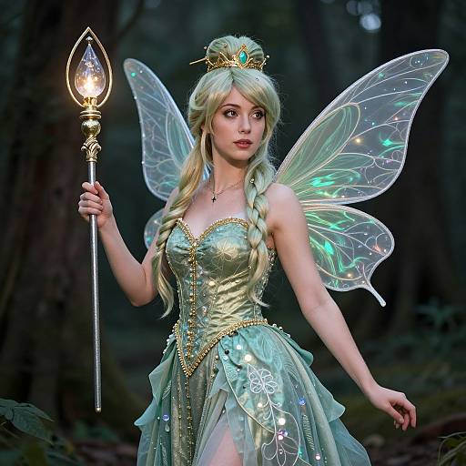 Digital fantasy artwork of a blonde fairy princess with iridescent wings, wearing a golden corset dress and crown, holding a glowing staff in a dark
