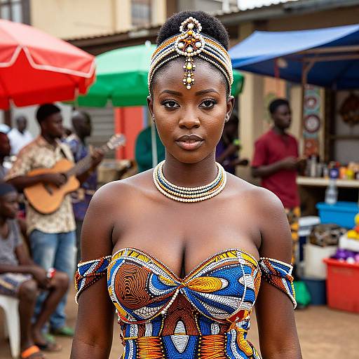 Photograph of a dark-skinned African woman with short hair, wearing a colorful, patterned off-shoulder dress and beaded jewelry, standing