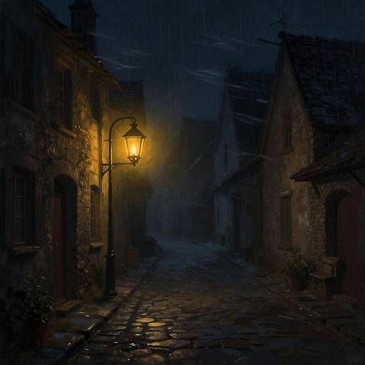 Moody nighttime photograph of a cobblestone alley, illuminated by a glowing yellow streetlamp, with rain and dark, shadowy, rustic buildings.