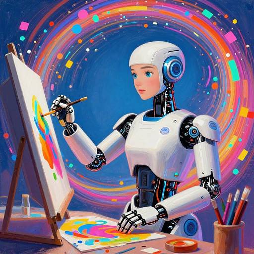 Digital painting of a white humanoid robot with blue eyes, painting on canvas with colorful swirls and tools in background.