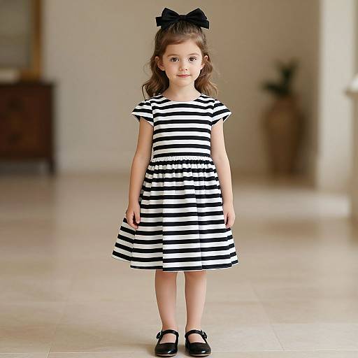 Photograph of a young girl with light brown hair, wearing a black bow, black and white striped dress, and black Mary Jane shoes, standing in