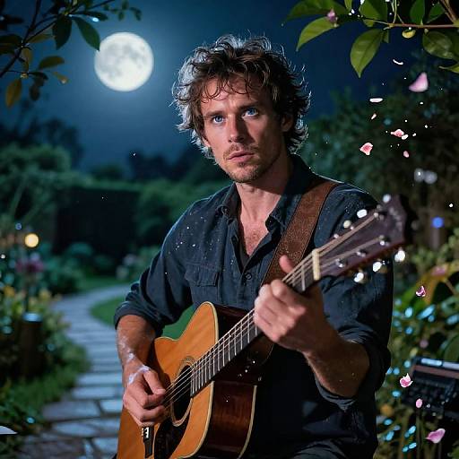 Photograph of a handsome, blue-eyed, curly-haired man with a beard playing an acoustic guitar under a moonlit garden, surrounded by glowing fairy lights