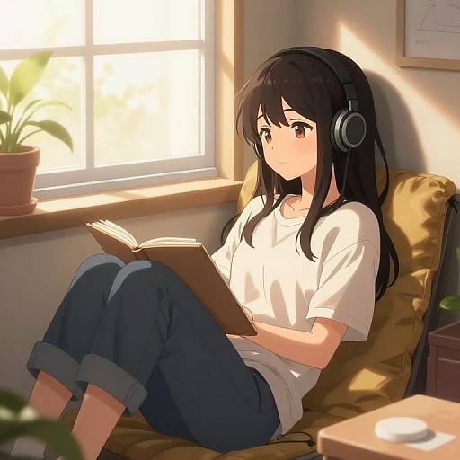 Anime-style digital artwork of a young girl with long black hair, headphones, white t-shirt, and blue jeans, reading a book on a sunlit