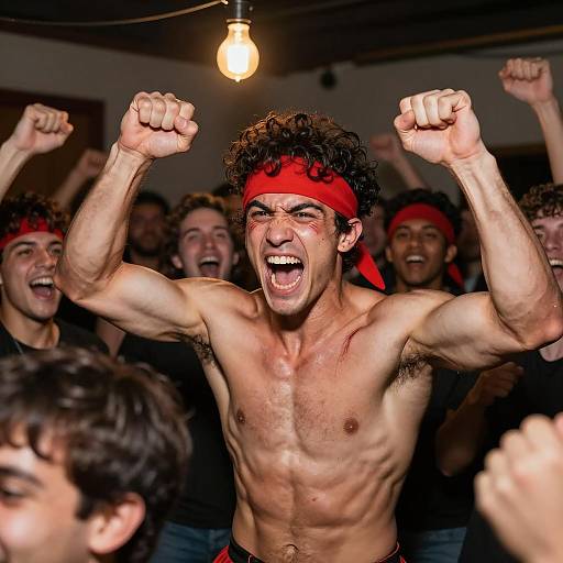 Excited Shirtless Man with Red Headband Cheering in Crowd