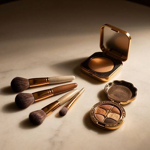 Photograph of gold-bronze makeup set: three brushes, open compact, and open eyeshadow pot on marble surface, illuminated with dramatic lighting