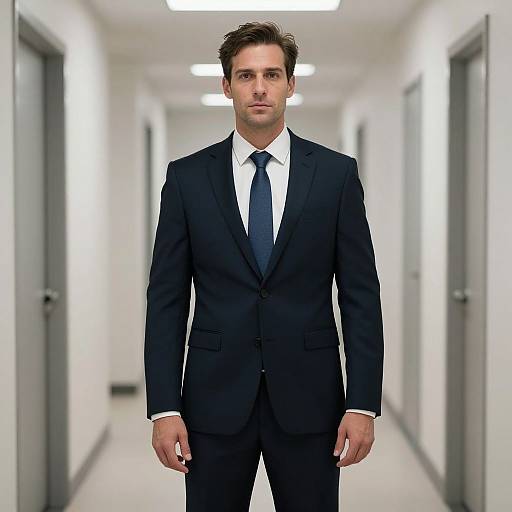 Photograph of a handsome, clean-shaven man in a black suit, white shirt, and black tie, standing in a bright, white hallway.