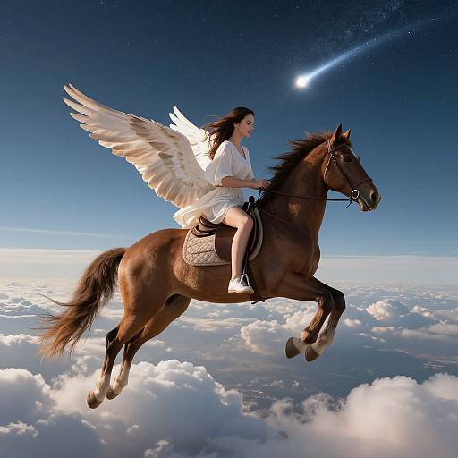 Angel with white wings riding a brown horse, soaring above clouds with a shooting star in the dark blue sky.