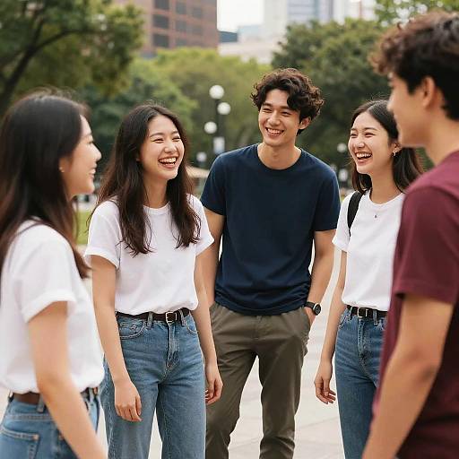 Casual Friends Laughing in City Park