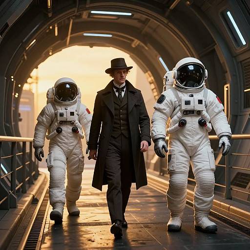 Photograph of a man in a black coat and hat, flanked by two astronauts in a futuristic, illuminated tunnel.