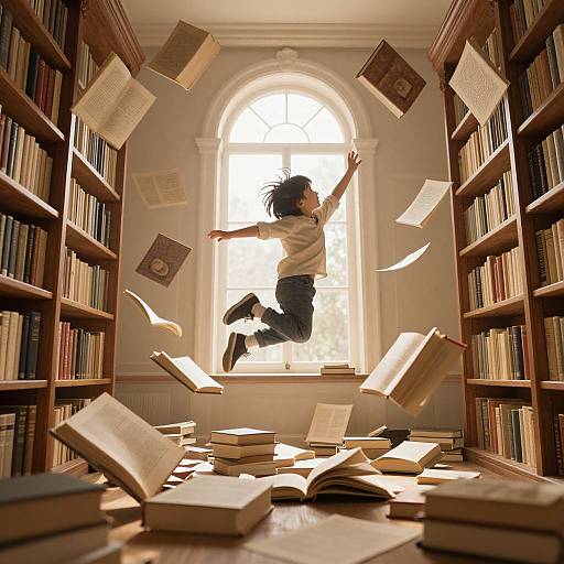 Photograph of a child with messy black hair, wearing a white shirt and blue jeans, joyfully jumping amidst flying books in a sunlit library with
