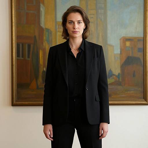 Photograph of a serious-looking woman with shoulder-length brown hair, wearing a black blazer and shirt, standing in front of a colorful urban painting.