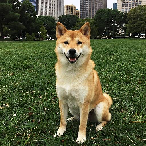 Photograph of a smiling Akita dog with orange and white fur, sitting on green grass with city skyscrapers and trees in the background.