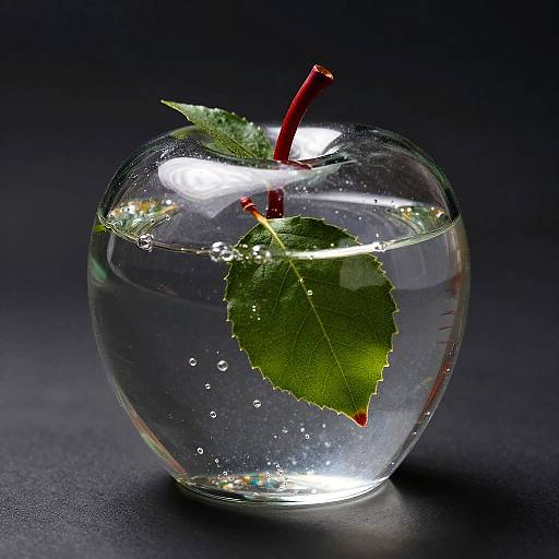 Photograph of a transparent glass apple bowl filled with clear water, containing a single green leaf and red stem, against a dark background.