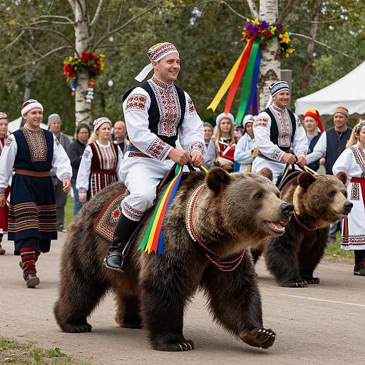 Photograph of men in traditional Eastern European attire riding brown bears with rainbow ribbons during a festive outdoor parade. Background features trees, colorful decorations, and
