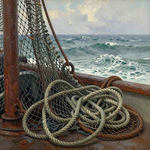 Photograph-style painting of tangled nautical ropes on a rusty ship's deck, with a stormy ocean and waves in the background.