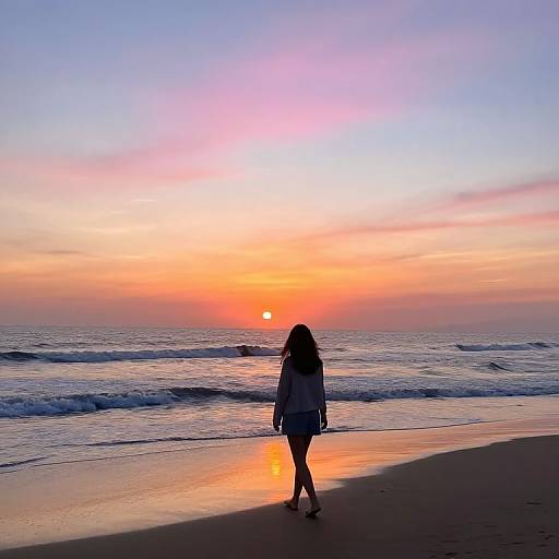 Photograph of a woman with long hair, wearing a white jacket, walking on a beach at sunset, silhouetted against a vibrant orange and