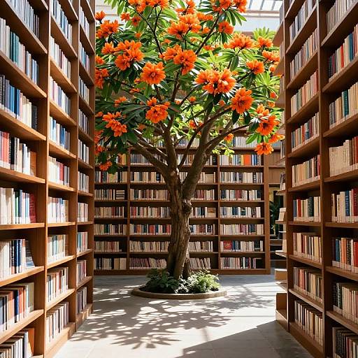 Vibrant Library Aisle with Blossoming Tree