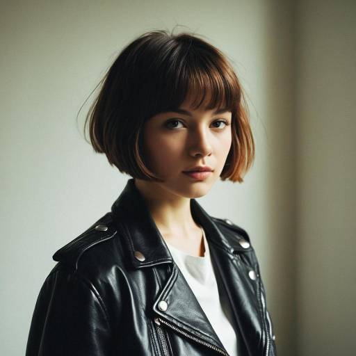 Young Woman with Pixie Bob Hairstyle in Leather Jacket