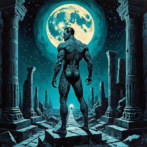Tattooed Man Standing Among Ancient Ruins Under Moonlight