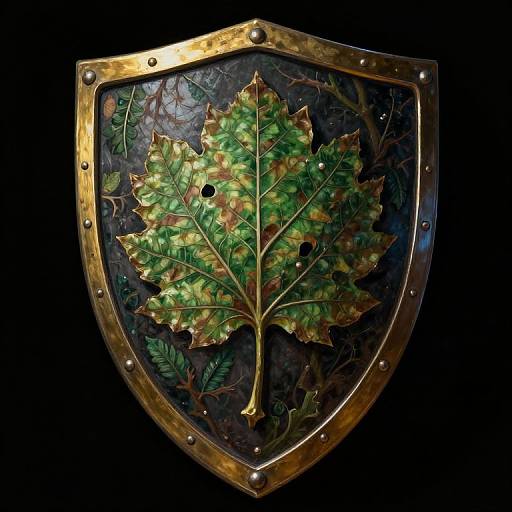 Digital artwork of a metallic shield featuring a detailed, green, ornate leaf with golden edges, set against a dark, textured background.