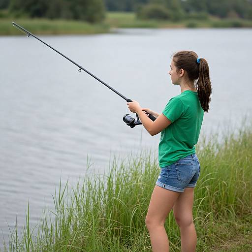 Photograph of a young woman with brown hair in a ponytail, wearing a green shirt and blue shorts, fishing by a serene lake with tall grass