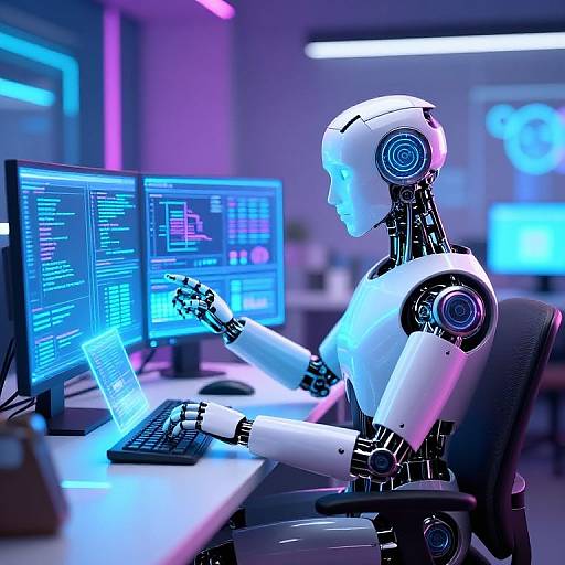 Photograph of a white, futuristic robot with glowing blue accents, seated at a desk, working on multiple computer monitors in a brightly lit, neon-l