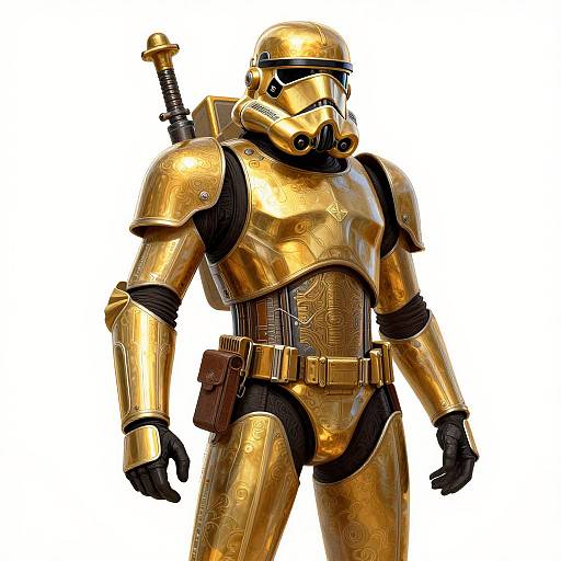 Digital artwork of a golden Stormtrooper with detailed armor, black accents, a blaster on the back, and a brown pouch on the belt.