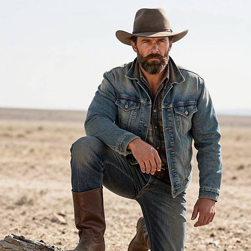 Photograph of a bearded man in a brown hat, denim jacket, and jeans, standing with one knee bent in a desert. He wears brown