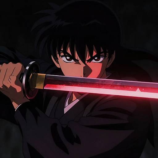 Anime-style digital drawing of a fierce, black-haired male samurai with intense eyes, holding a glowing red sword in a dark background.