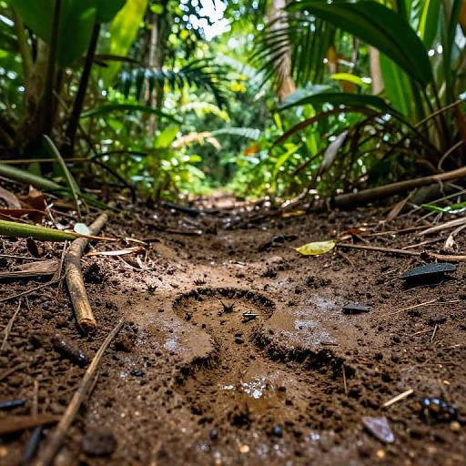Photograph of a muddy forest path viewed from a low angle, surrounded by lush green foliage and sunlight filtering through leaves.