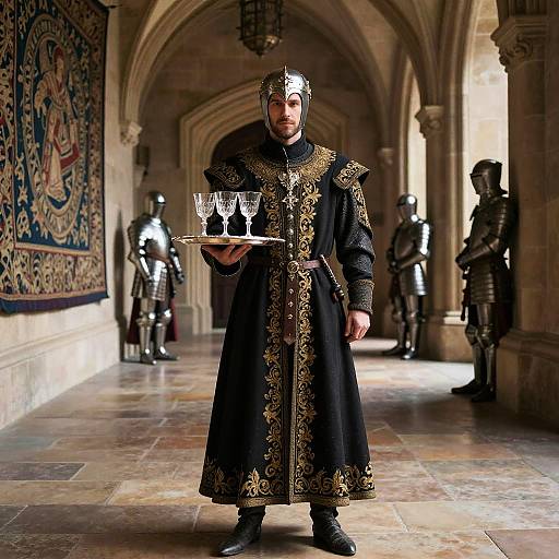 Medieval Butler in Grand Castle Hallway