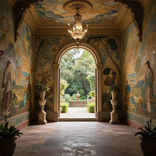 Photograph of a richly decorated, arched doorway leading to a sunny garden, featuring intricate murals, chandelier, and potted plants on