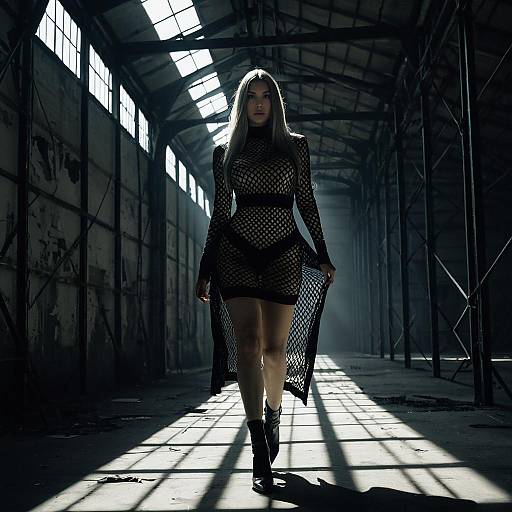 Woman in Gothic Fishnet Dress in Abandoned Hangar
