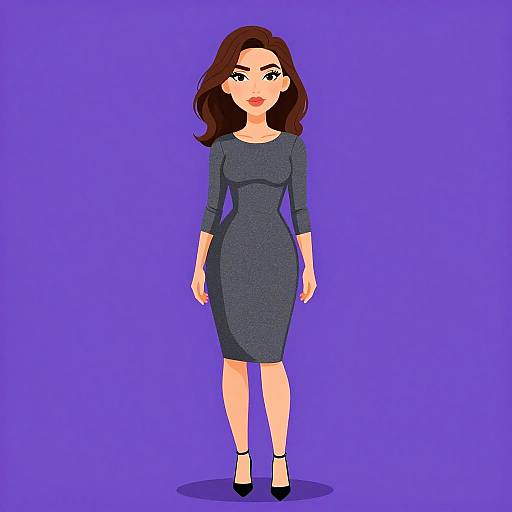 Digital cartoon of a woman with fair skin, brown wavy hair, wearing a dark gray, long-sleeve, form-fitting dress and black