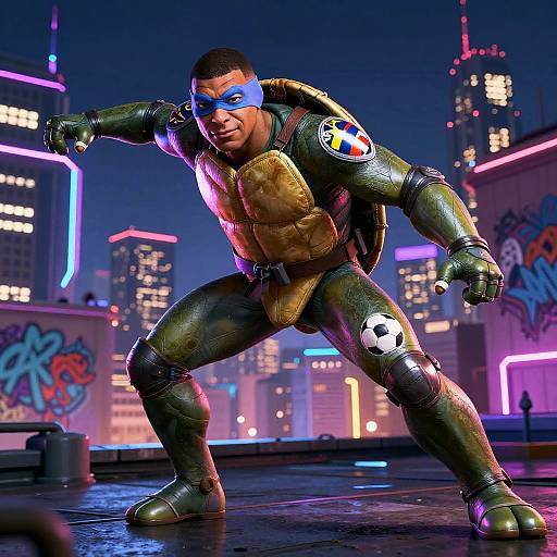 CGI image of a muscular, blue-masked Teenage Mutant Ninja Turtle in a neon-lit, urban cityscape, striking a dynamic,