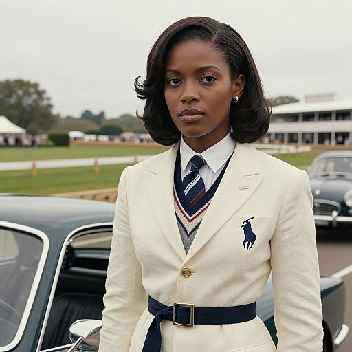 Photograph of a confident Black woman with short, wavy hair in a white blazer, black tie, and striped vest, standing in front of