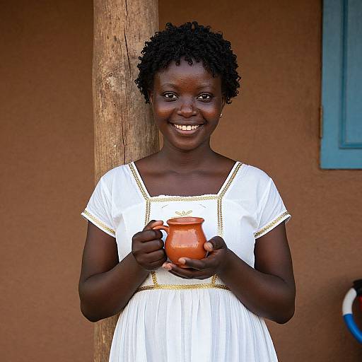 Photograph of a smiling young African girl with dark skin and curly hair, wearing a white dress with gold trim, holding an orange mug, standing against