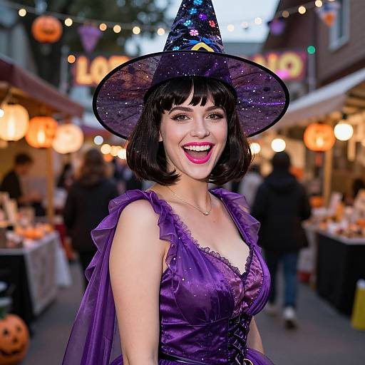 Photograph of a smiling woman with a short black bob, wearing a sparkly purple witch hat and dress, at a festive outdoor Halloween market.