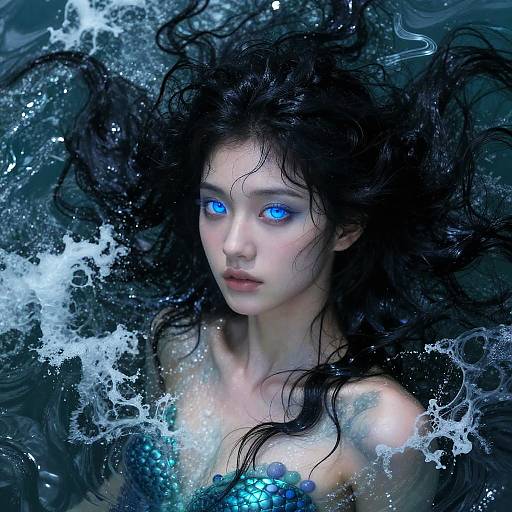Digital artwork of a pale, ethereal woman with glowing blue eyes and black, wavy hair, surrounded by turbulent blue water and white foam. She