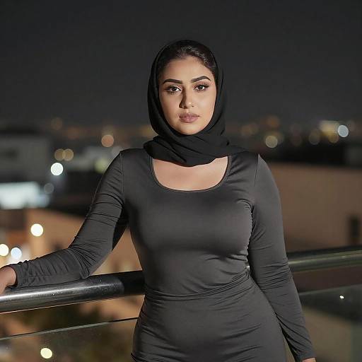 Curvy Woman in Black Hijab at Night