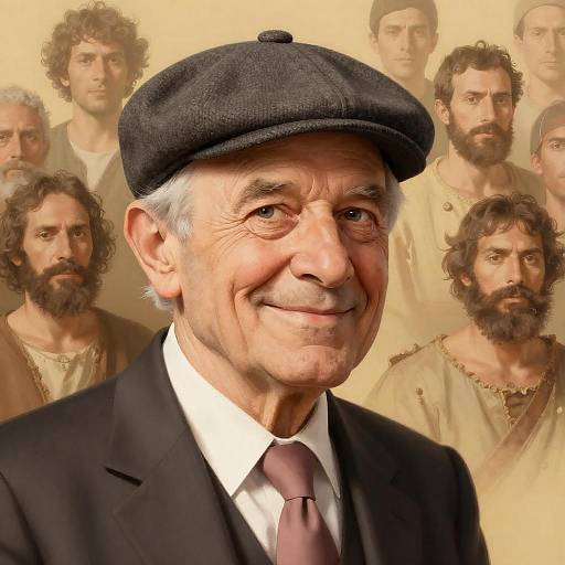 Caricature of Elderly Man with Historical Figures Background