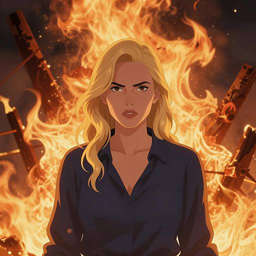 Dramatic Blonde Woman Amid Fiery Chaos