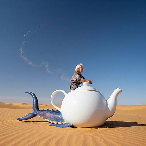 Photograph of an elderly woman with white hair, wearing a patterned shirt, sitting on a white teapot with a blue fish tail in a bright