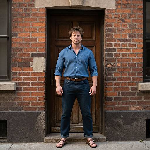 Photograph of a tall, muscular man with short brown hair, wearing a blue button-up shirt, dark jeans, brown belt, and sandals, standing
