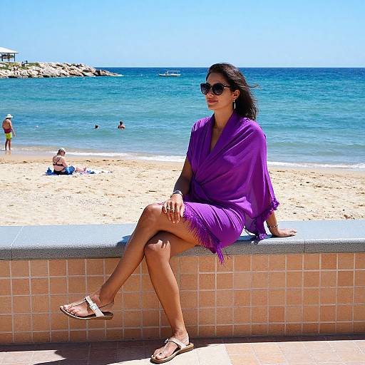 Photograph of a woman with dark hair, wearing sunglasses, a purple shawl, and sandals, sitting on a tiled beach wall, with a clear