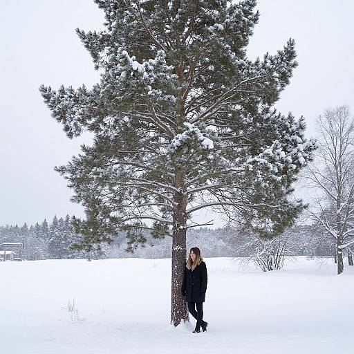 Photograph of a person in a black coat and pants standing beside a snow-covered pine tree in a winter landscape.